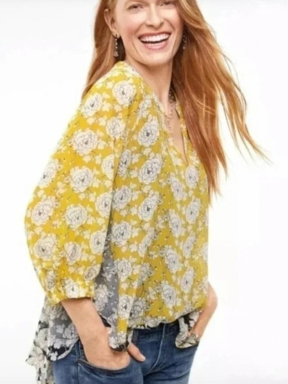CAbi Gather Yellow and White Floral V-Neck Tunic